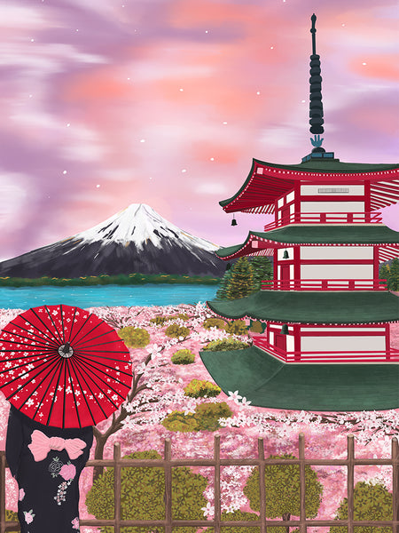 Fuji Temple, Japan Travel Poster – Tiya's Art Space